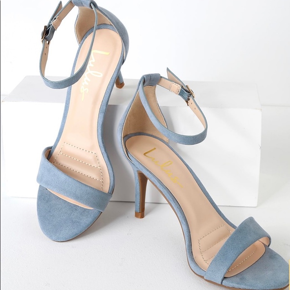 Slate blue suede ankle strap heels